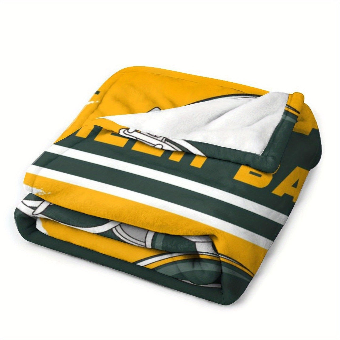 Blanket that can be personalized with the name of your choice and features the Green Bay football team. Made from cozy polyester, this throw blanket is the perfect gift for fans.