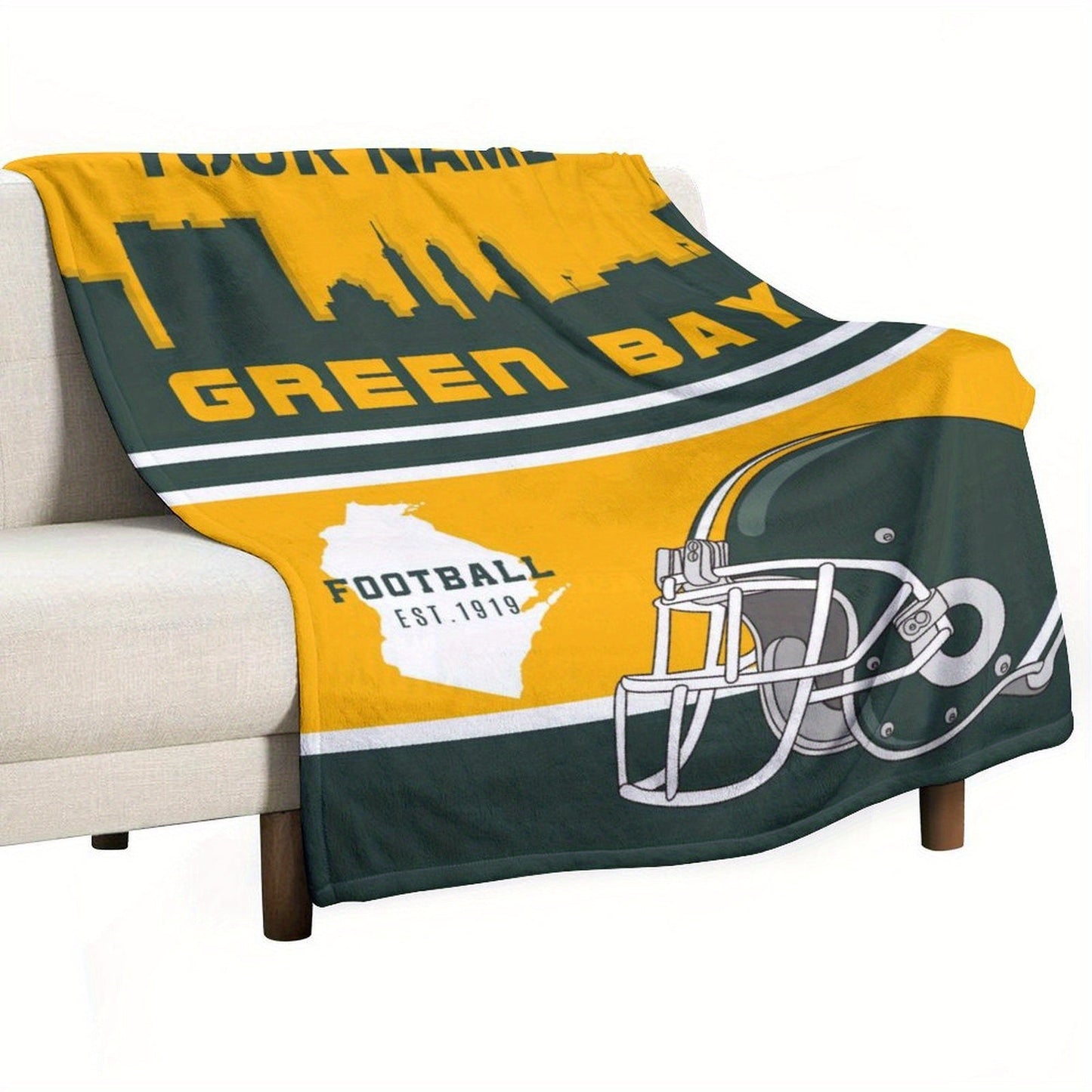 Blanket that can be personalized with the name of your choice and features the Green Bay football team. Made from cozy polyester, this throw blanket is the perfect gift for fans.