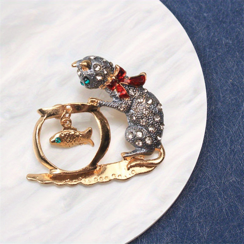 Sophisticated Rhinestone Cat Fishing Pin - Adorable Enamel Animal Brooch for Dresses, Sweaters & Suits