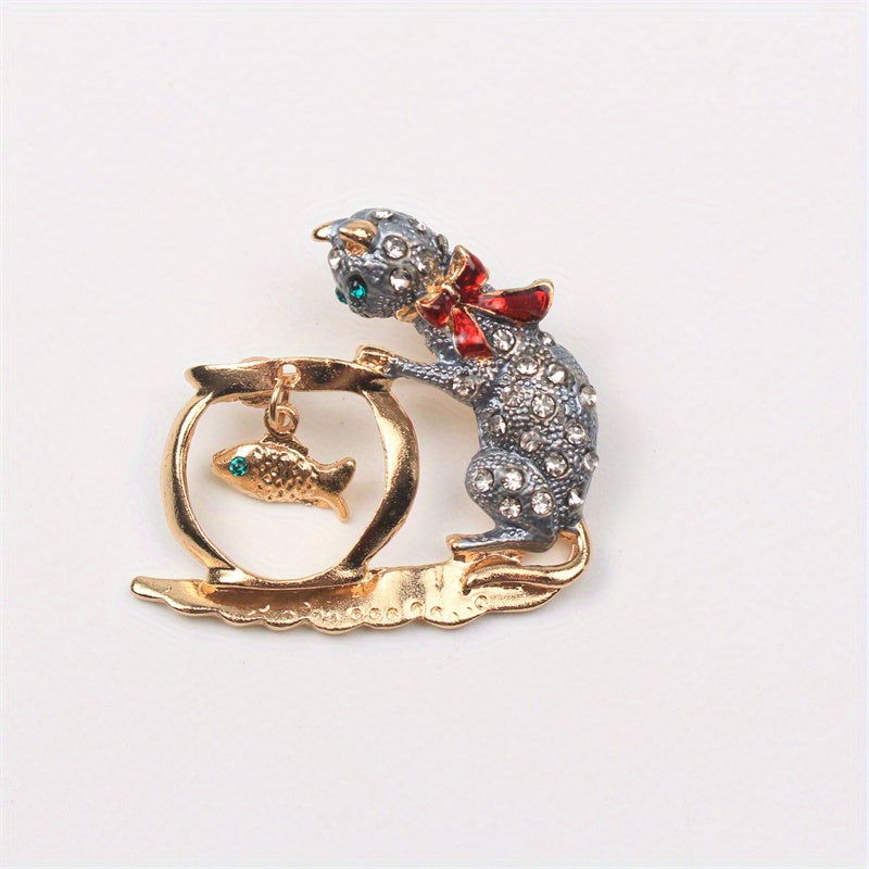 Sophisticated Rhinestone Cat Fishing Pin - Adorable Enamel Animal Brooch for Dresses, Sweaters & Suits