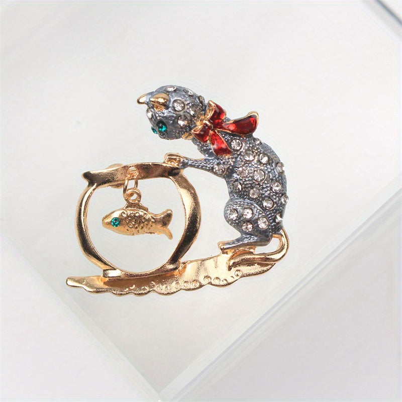 Sophisticated Rhinestone Cat Fishing Pin - Adorable Enamel Animal Brooch for Dresses, Sweaters & Suits