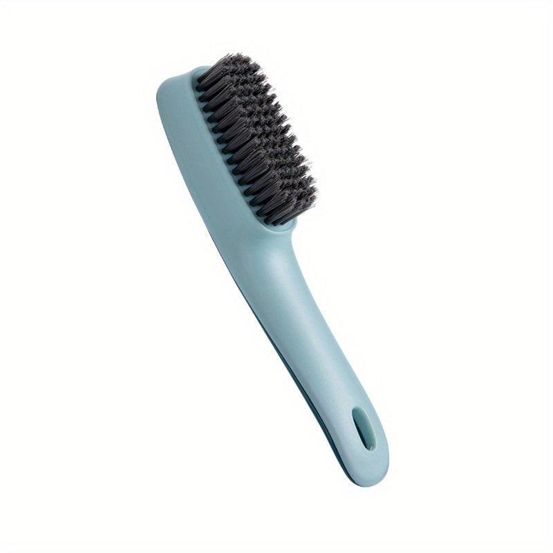 Soft bristle shoe brush with a long handle for gentle cleaning on various household surfaces such as shoes, clothes, toilet, kitchen, glass, walls, and floors.