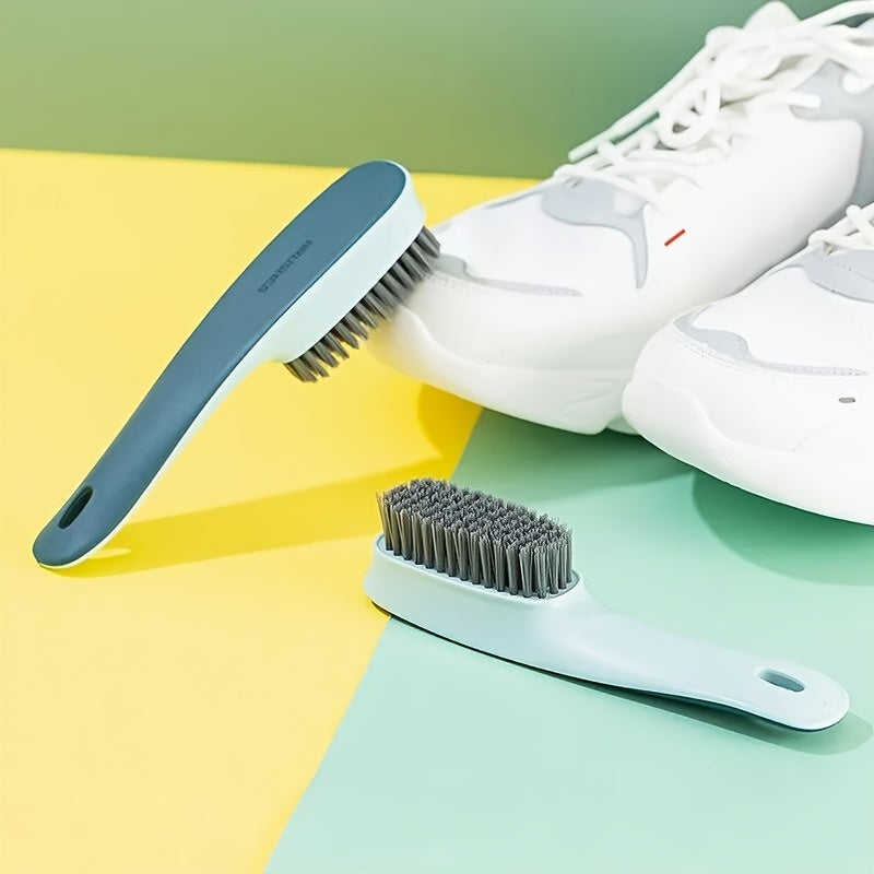 Soft bristle shoe brush with a long handle for gentle cleaning on various household surfaces such as shoes, clothes, toilet, kitchen, glass, walls, and floors.