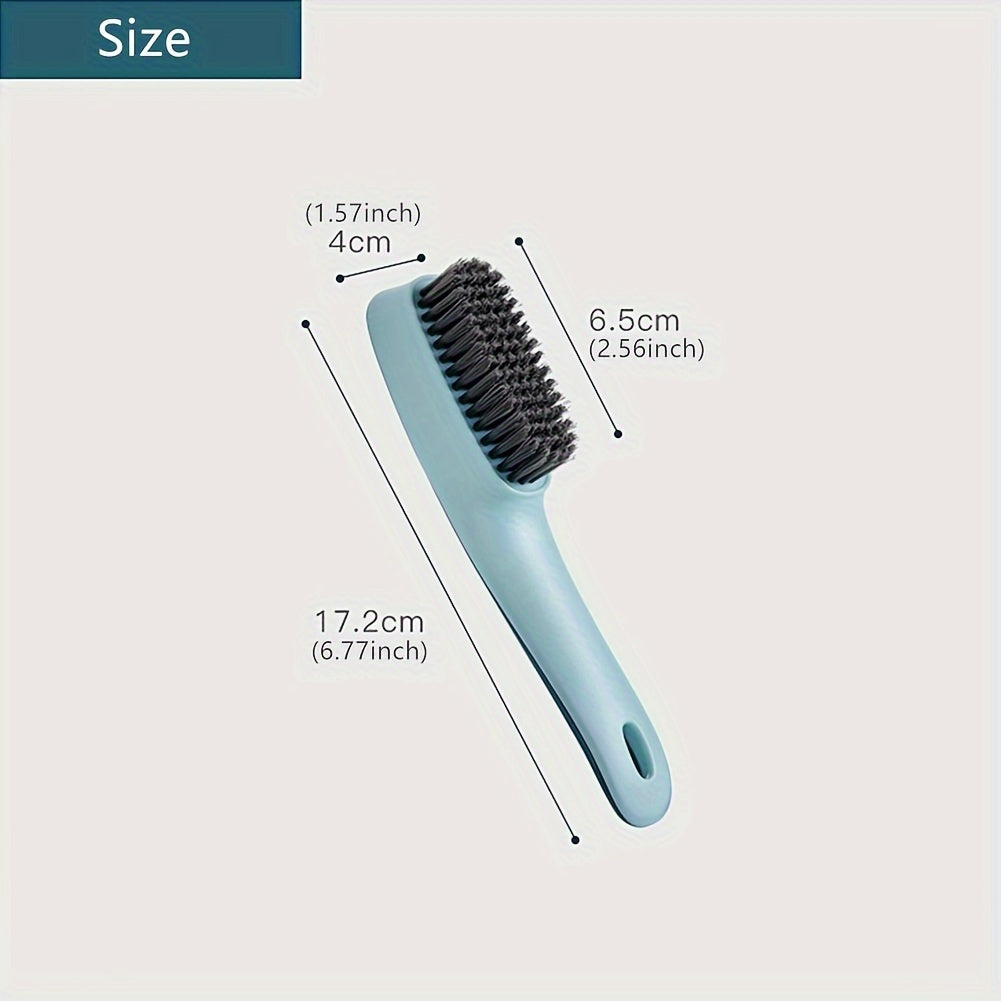 Soft bristle shoe brush with a long handle for gentle cleaning on various household surfaces such as shoes, clothes, toilet, kitchen, glass, walls, and floors.