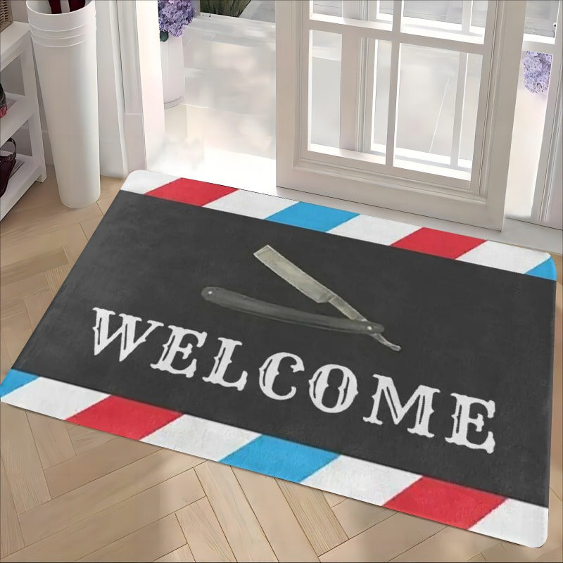 Introducing our [Product]: A charming flannel door mat featuring a classic barber shop design with old-fashioned barber tools. This mat is one centimeter thick, soft, and highly absorbent, making it perfect for use in various areas such as the living