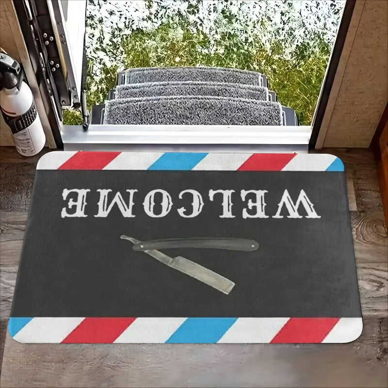 Introducing our [Product]: A charming flannel door mat featuring a classic barber shop design with old-fashioned barber tools. This mat is one centimeter thick, soft, and highly absorbent, making it perfect for use in various areas such as the living