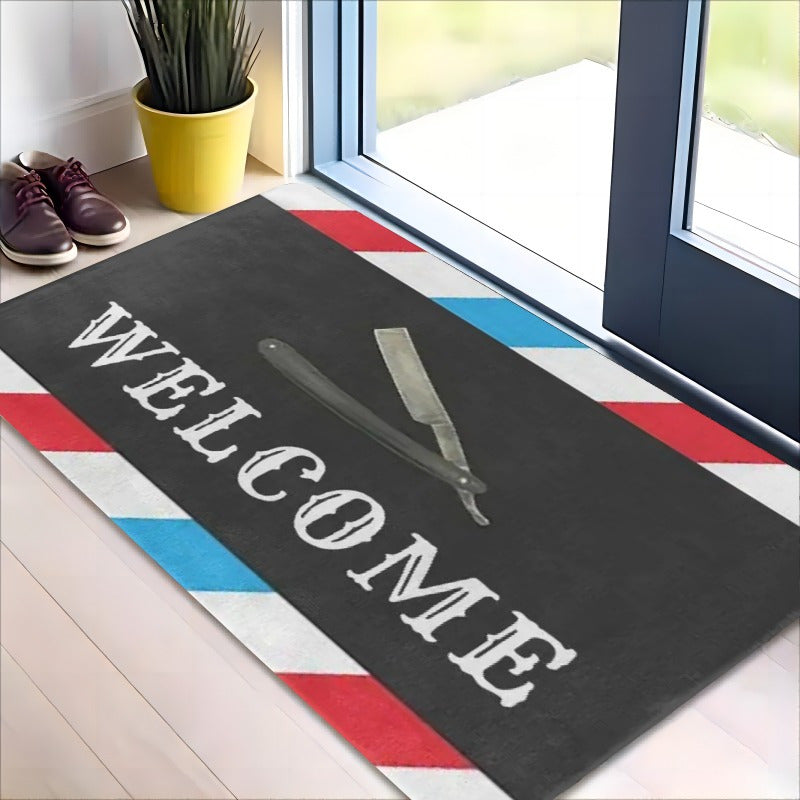 Introducing our [Product]: A charming flannel door mat featuring a classic barber shop design with old-fashioned barber tools. This mat is one centimeter thick, soft, and highly absorbent, making it perfect for use in various areas such as the living