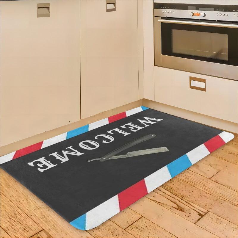 Introducing our [Product]: A charming flannel door mat featuring a classic barber shop design with old-fashioned barber tools. This mat is one centimeter thick, soft, and highly absorbent, making it perfect for use in various areas such as the living