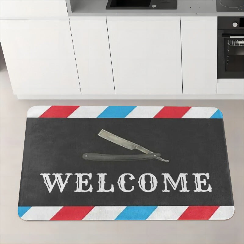 Introducing our [Product]: A charming flannel door mat featuring a classic barber shop design with old-fashioned barber tools. This mat is one centimeter thick, soft, and highly absorbent, making it perfect for use in various areas such as the living