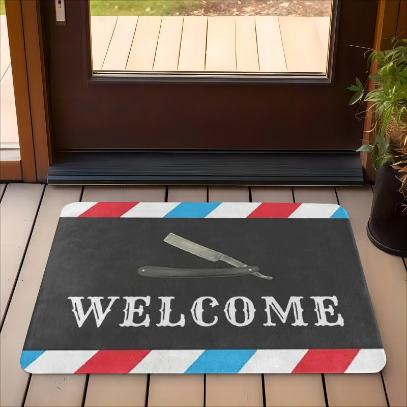 Introducing our [Product]: A charming flannel door mat featuring a classic barber shop design with old-fashioned barber tools. This mat is one centimeter thick, soft, and highly absorbent, making it perfect for use in various areas such as the living