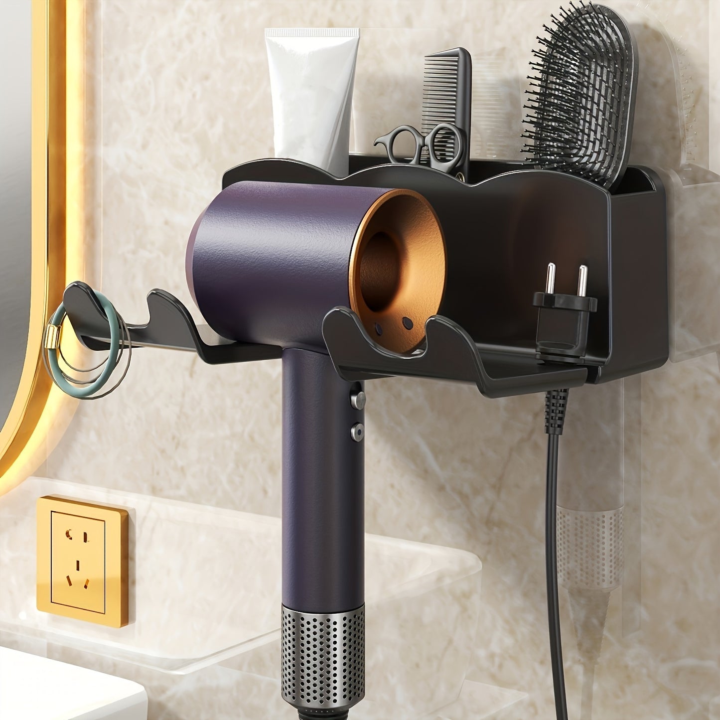 ABS Hair Dryer Holder mounts easily on walls for space-saving bathroom organization with a safe and stylish design for hassle-free grooming.