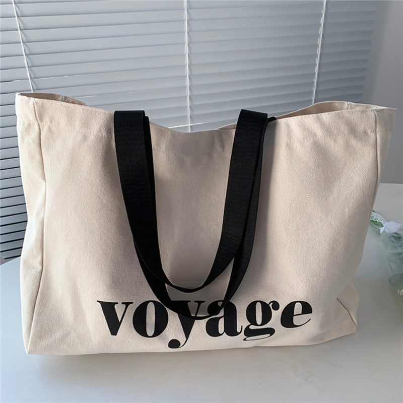 Beige Canvas Tote Bag for Women - Large Capacity with Shoulder Strap, Ideal for School, Travel, and Shopping - Made from Durable Polyamide Material