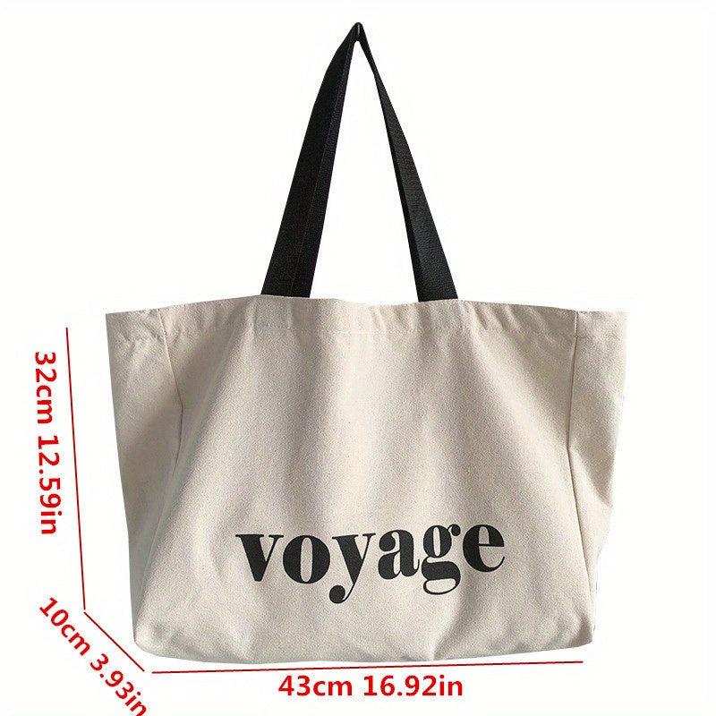 Beige Canvas Tote Bag for Women - Large Capacity with Shoulder Strap, Ideal for School, Travel, and Shopping - Made from Durable Polyamide Material