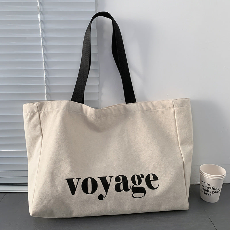 Beige Canvas Tote Bag for Women - Large Capacity with Shoulder Strap, Ideal for School, Travel, and Shopping - Made from Durable Polyamide Material