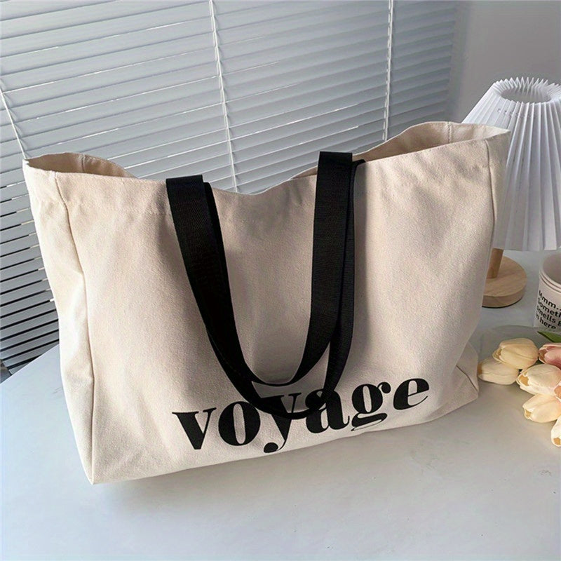 Beige Canvas Tote Bag for Women - Large Capacity with Shoulder Strap, Ideal for School, Travel, and Shopping - Made from Durable Polyamide Material