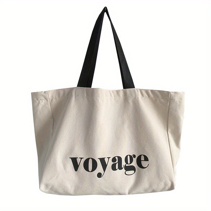 Beige Canvas Tote Bag for Women - Large Capacity with Shoulder Strap, Ideal for School, Travel, and Shopping - Made from Durable Polyamide Material