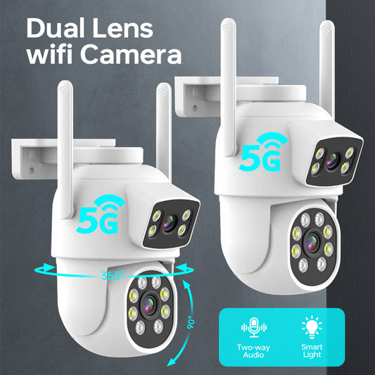 Dual Lens Outdoor Security Camera System with 355° Pan-Tilt, 4MP Color Night Vision, 2-Way Audio, Motion Detection, 5G/2.4G WiFi Wireless Cameras, USB Powered, Smartphone Compatible - Set of 2