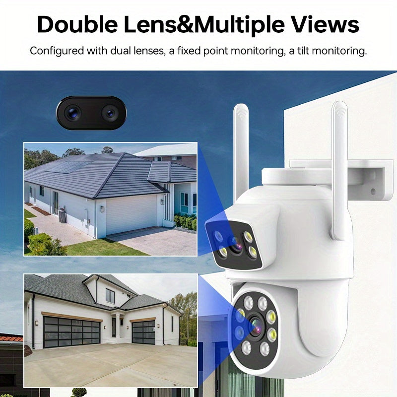 Dual Lens Outdoor Security Camera System with 355° Pan-Tilt, 4MP Color Night Vision, 2-Way Audio, Motion Detection, 5G/2.4G WiFi Wireless Cameras, USB Powered, Smartphone Compatible - Set of 2