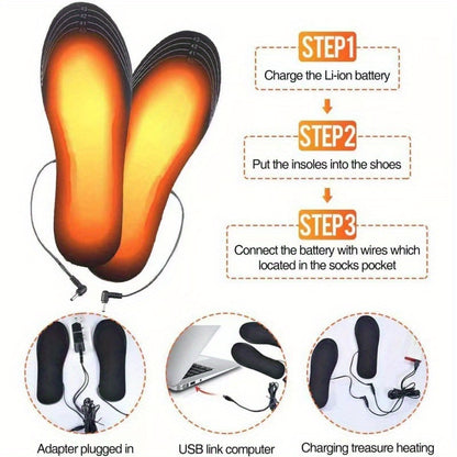 USB heated shoe insoles provide winter foot warmth without batteries, ideal for outdoor activities.