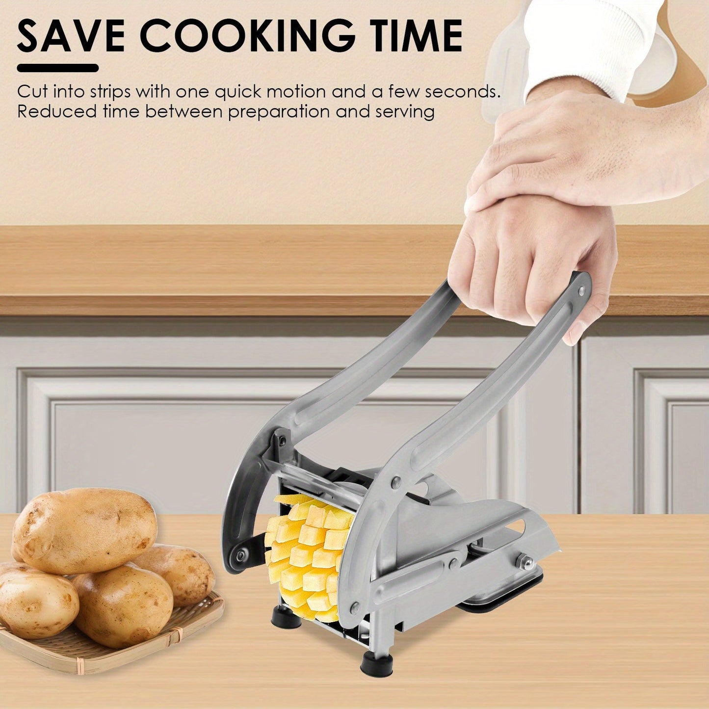 Effortlessly Cut Potatoes and Veggies with Stainless Steel French Fry Cutter - Includes 2 Blades for Perfect Slices, Easy to Clean and Dishwasher Safe - Securely Grips with Non-Slip Suction Base, Multifunctional Tool