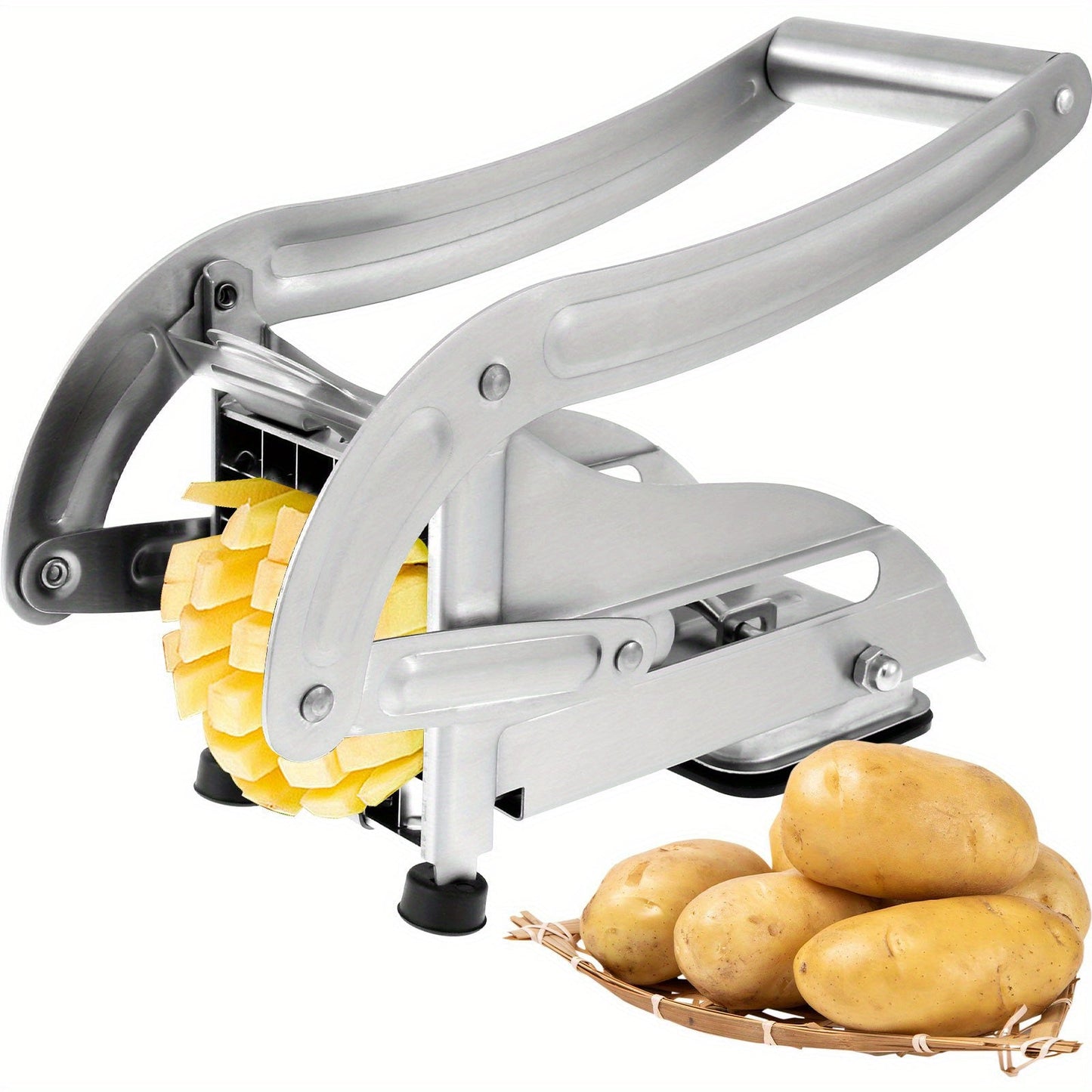 Effortlessly Cut Potatoes and Veggies with Stainless Steel French Fry Cutter - Includes 2 Blades for Perfect Slices, Easy to Clean and Dishwasher Safe - Securely Grips with Non-Slip Suction Base, Multifunctional Tool