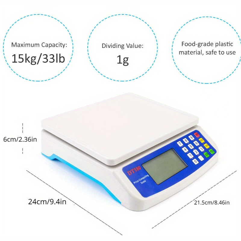 30kg digital kitchen scale with LCD display, 1g precision, tare function, and price computing. Suitable for food contact, battery powered (batteries not included).