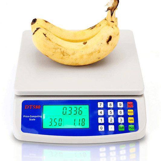 30kg digital kitchen scale with LCD display, 1g precision, tare function, and price computing. Suitable for food contact, battery powered (batteries not included).