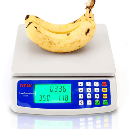 30kg digital kitchen scale with LCD display, 1g precision, tare function, and price computing. Suitable for food contact, battery powered (batteries not included).