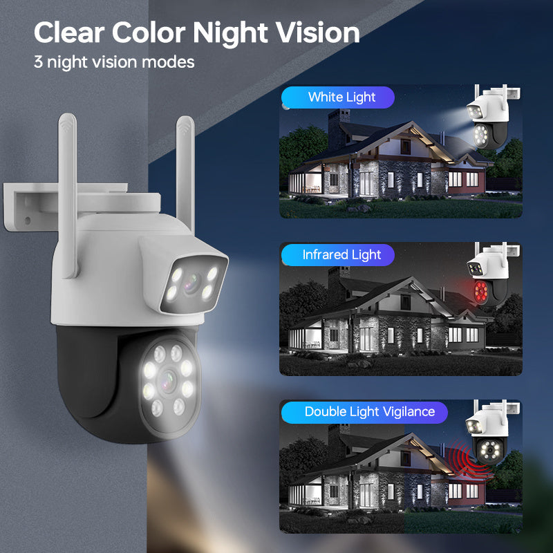 Outdoor Security Camera with dual 4MP lenses - provides 360° view, Color Night Vision, Two-Way Audio, WiFi connectivity (2.4/5G), Simple Installation, IP65 Waterproof rating, Compatible with Eseecloud App