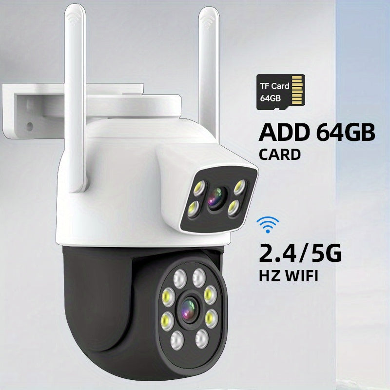 This WiFi security camera features 4MP resolution and dual lenses for ultimate surveillance. It offers 5G and 2.4GHz connectivity for outdoor use, with a 360° view angle. You can enjoy two-way audio communication, motion detection, and color night