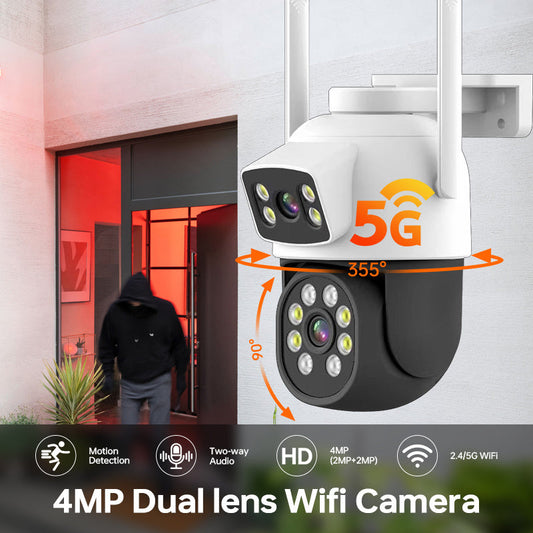 This WiFi security camera features 4MP resolution and dual lenses for ultimate surveillance. It offers 5G and 2.4GHz connectivity for outdoor use, with a 360° view angle. You can enjoy two-way audio communication, motion detection, and color night