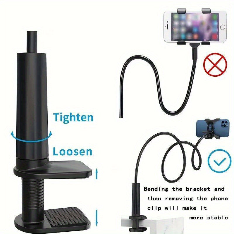 Flexible mobile phone holder with adjustable clamp, suitable for lazy postures, can be used on both bedside and desktop, with sturdy construction and easy to use.