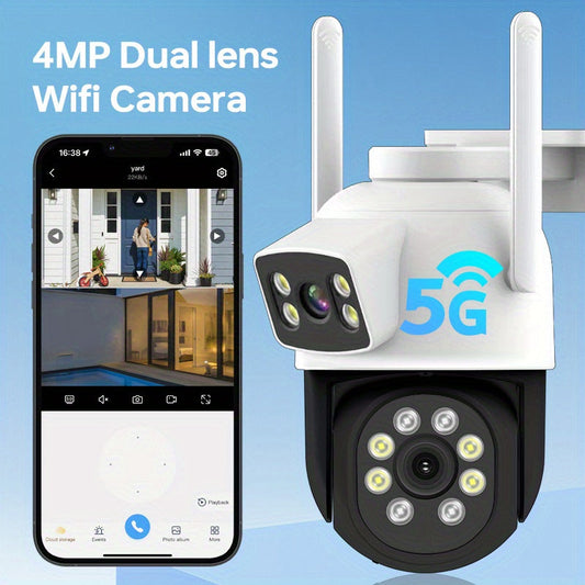 Experience advanced security with the 4MP Dual Lens Outdoor Security Camera. Benefit from a 360° PTZ view, dual-band WiFi connectivity, color night vision, two-way audio, and IP65 waterproofing. Easily set up the camera using your phone app and store