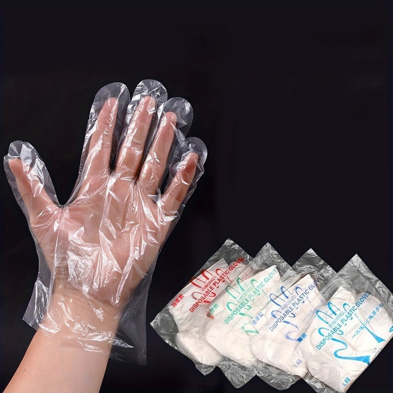 200 pieces of disposable plastic gloves made from waterproof PET (Polyethylene Terephthalate), free from lead. Ideal for cooking, food preparation, BBQ, kitchen use, restaurant service, and craft making.