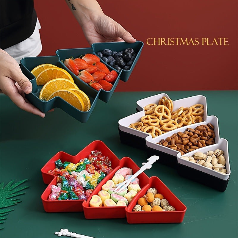 Durable plastic Christmas tree-shaped tray with multiple compartments for snacks and fruit, perfect for holiday entertaining.