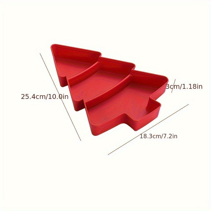 Durable plastic Christmas tree-shaped tray with multiple compartments for snacks and fruit, perfect for holiday entertaining.