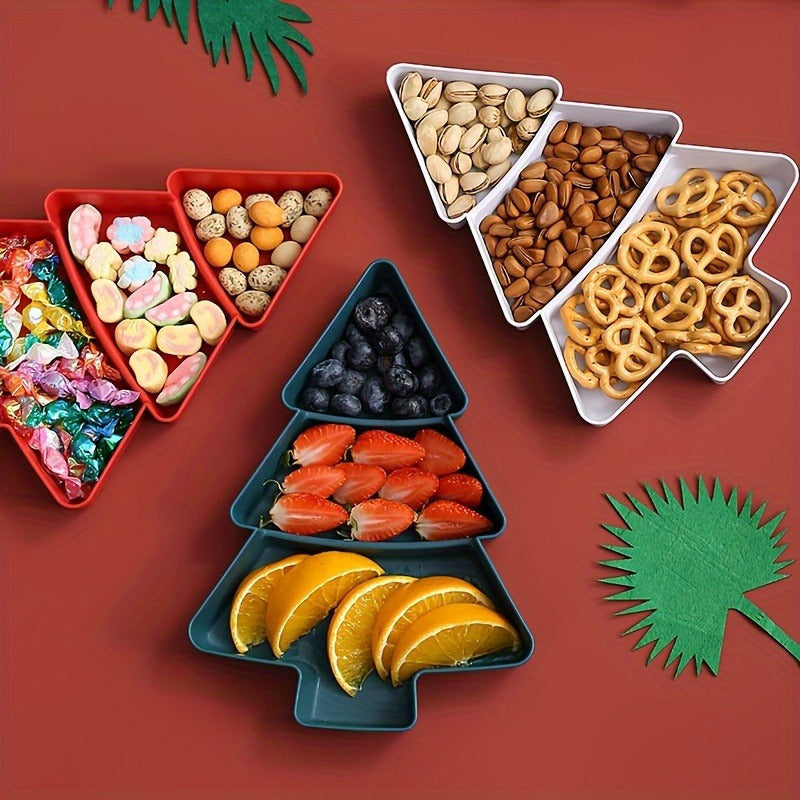 Durable plastic Christmas tree-shaped tray with multiple compartments for snacks and fruit, perfect for holiday entertaining.