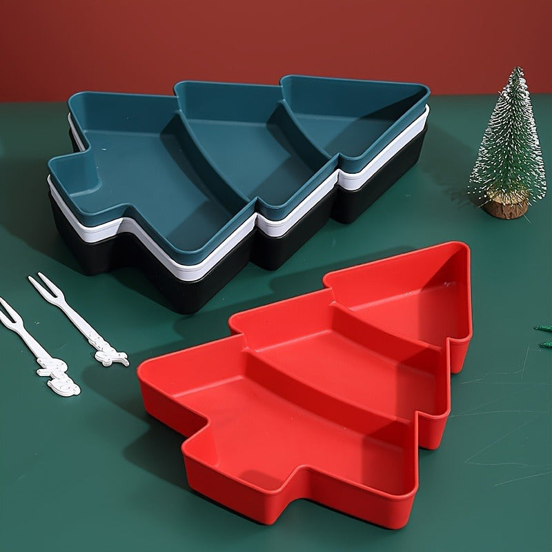 Durable plastic Christmas tree-shaped tray with multiple compartments for snacks and fruit, perfect for holiday entertaining.