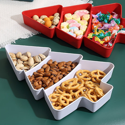 Durable plastic Christmas tree-shaped tray with multiple compartments for snacks and fruit, perfect for holiday entertaining.