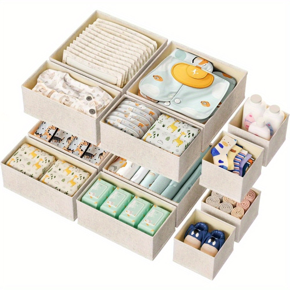 12-piece cloth drawer organizer made of non-woven fabric with zipper, suitable for socks, bras, towels, ties in beige color.