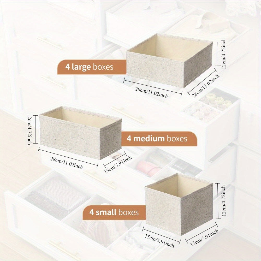 12-piece cloth drawer organizer made of non-woven fabric with zipper, suitable for socks, bras, towels, ties in beige color.