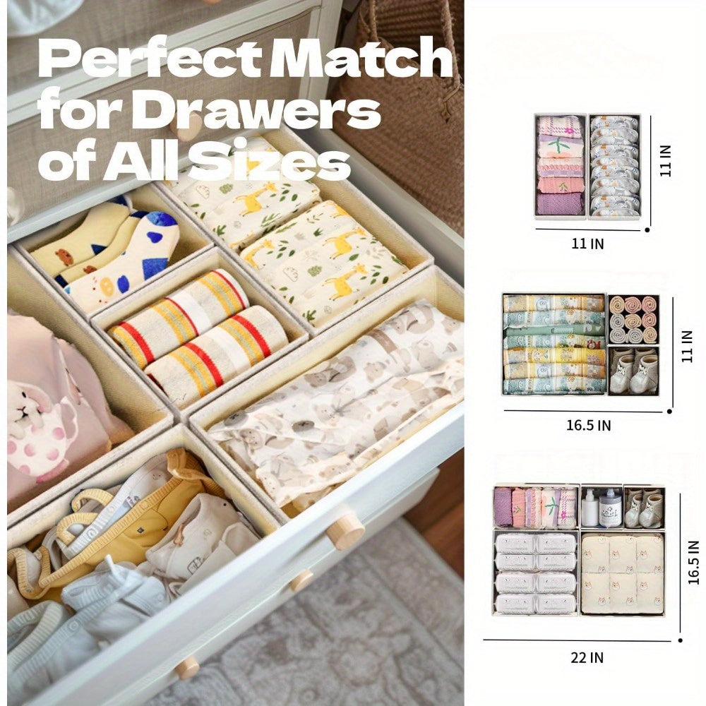 12-piece cloth drawer organizer made of non-woven fabric with zipper, suitable for socks, bras, towels, ties in beige color.