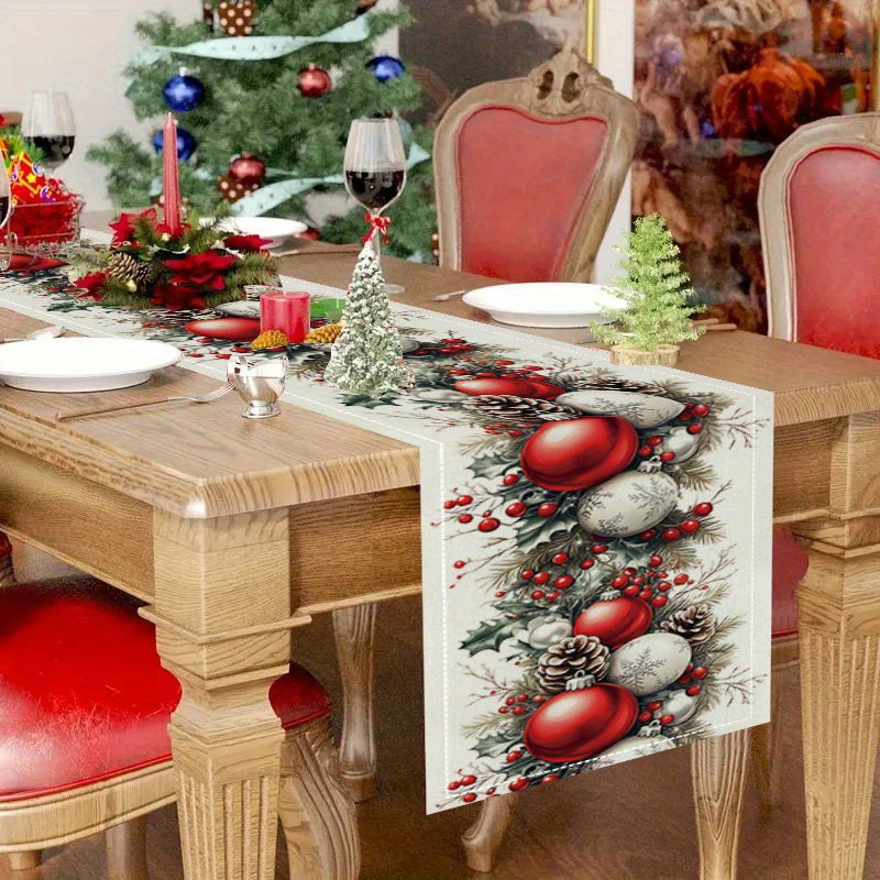 Merry Christmas table runner made of polyester with buffalo plaid pattern. Festive holiday decoration for home and kitchen, perfect as a party tablecloth or gift.