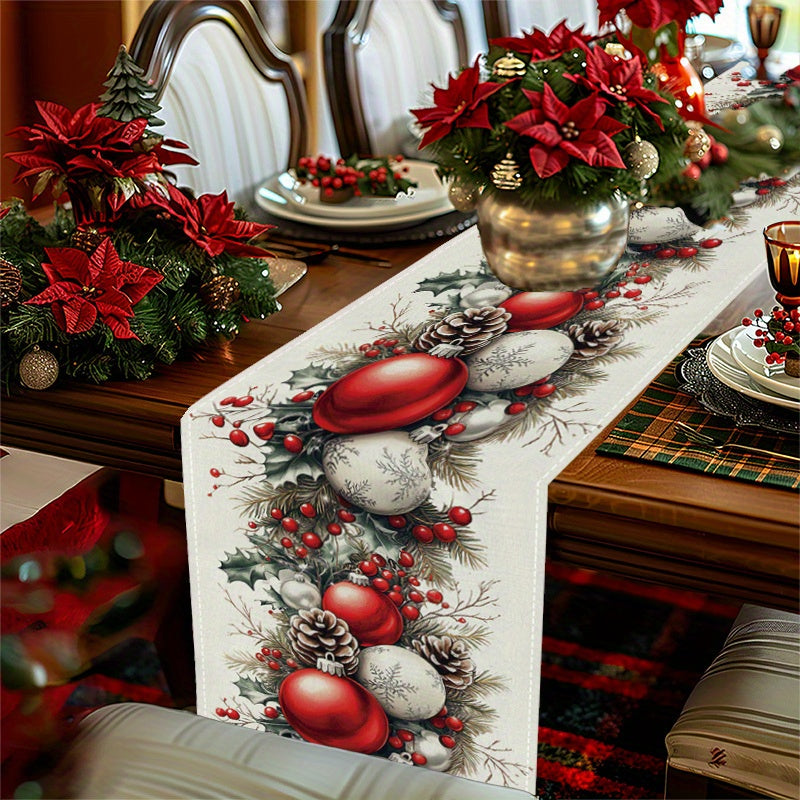 Merry Christmas table runner made of polyester with buffalo plaid pattern. Festive holiday decoration for home and kitchen, perfect as a party tablecloth or gift.