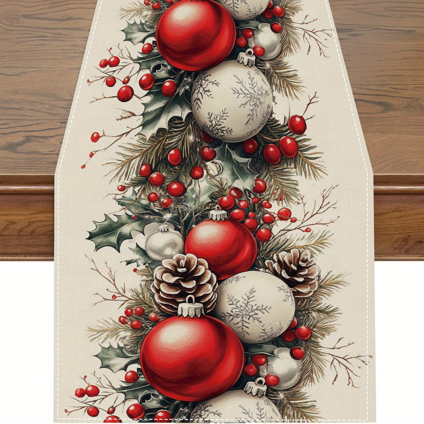 Merry Christmas table runner made of polyester with buffalo plaid pattern. Festive holiday decoration for home and kitchen, perfect as a party tablecloth or gift.