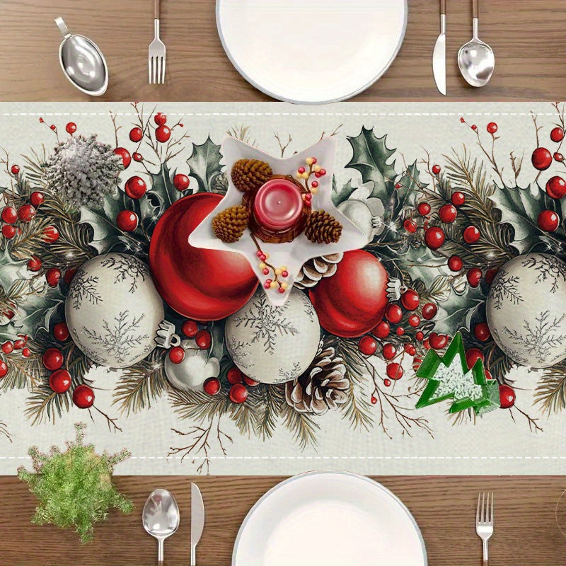 Festive Christmas table runner with pine cones, berries, and ornaments design in buffalo plaid pattern. Made of polyester, machine-made for holiday dining decor. Perfect for home decoration or gift. Classic Christmas style, easycare fabric.