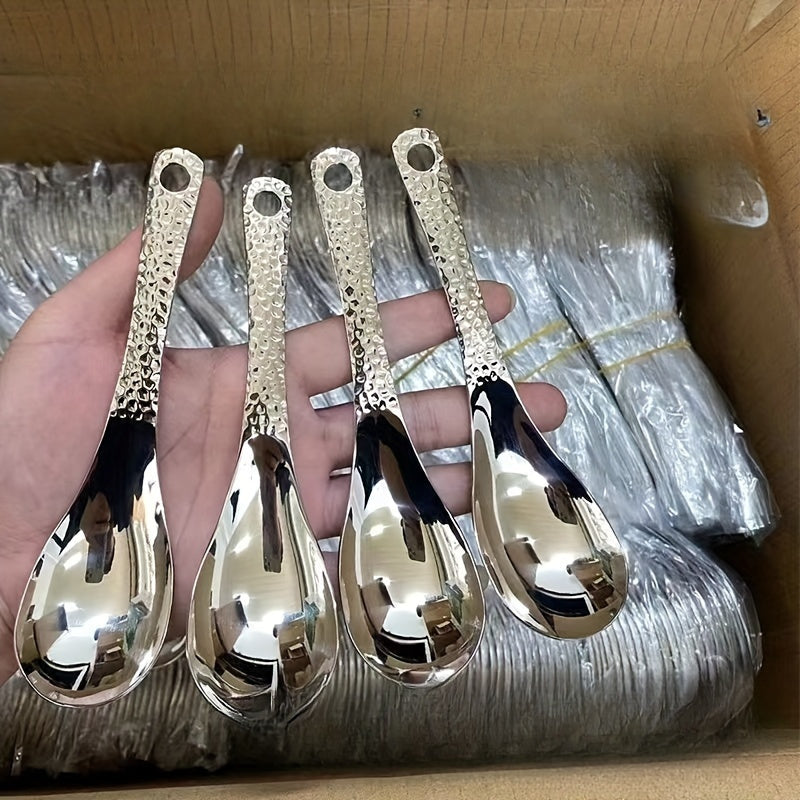 4-piece Vintage Hammered Stainless Steel Dessert Spoons Set with Hanging Storage Bag, perfect for home use.