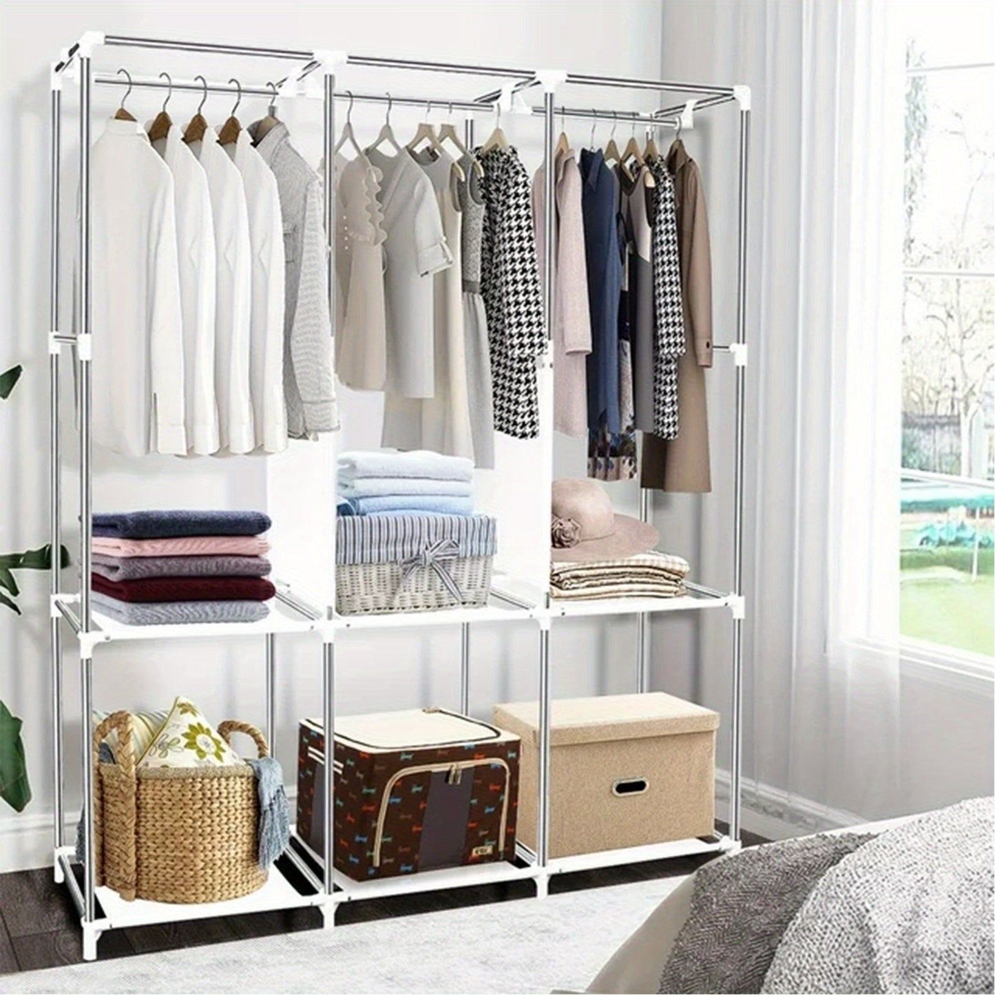 Portable Wardrobe Closet Organizer with Shoe Rack, Dust-Proof Non-Woven Fabric