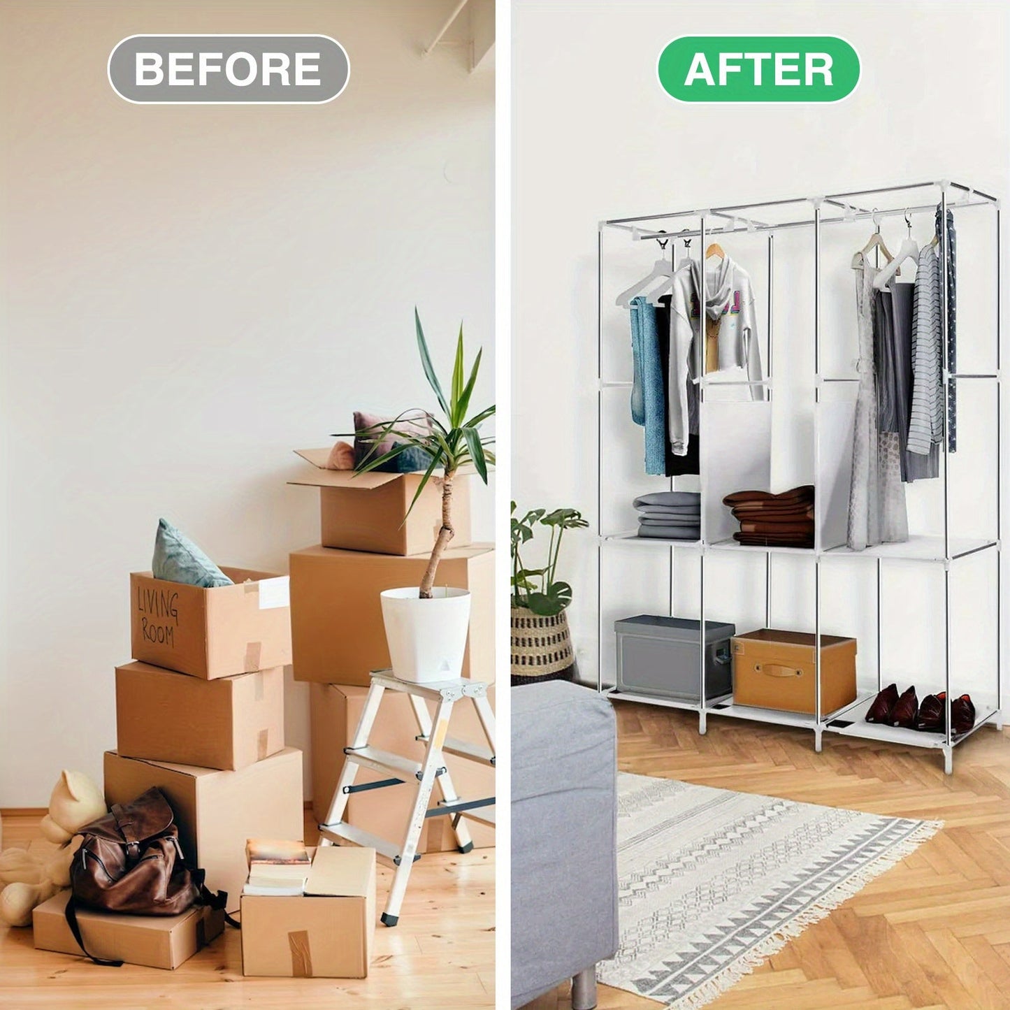 Portable Wardrobe Closet Organizer with Shoe Rack, Dust-Proof Non-Woven Fabric