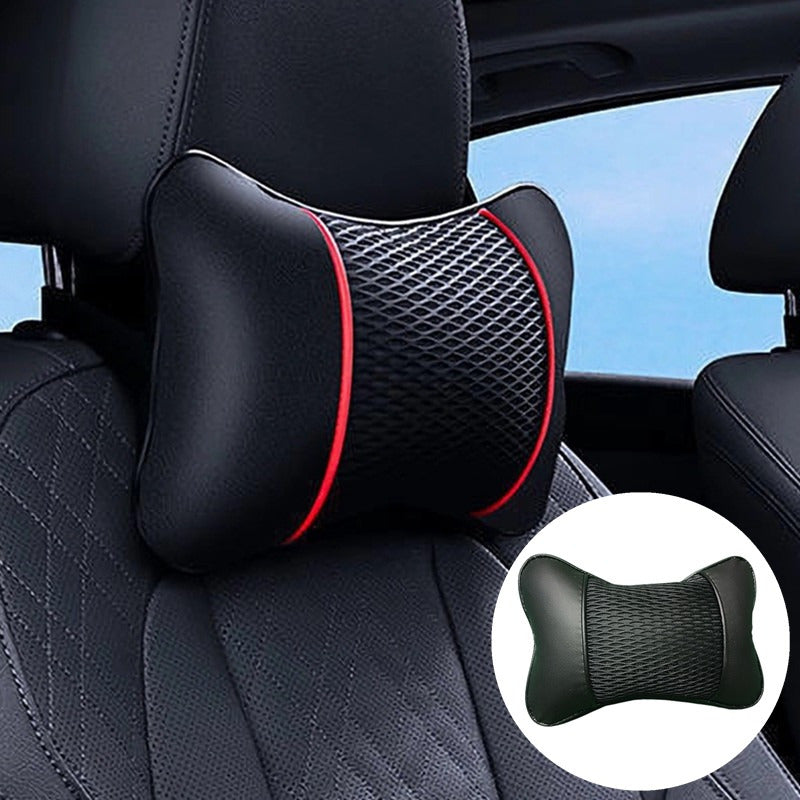 Soft and comfortable car headrest pillow with red accents, enhances driving comfort and style, made of breathable PU leather mesh.